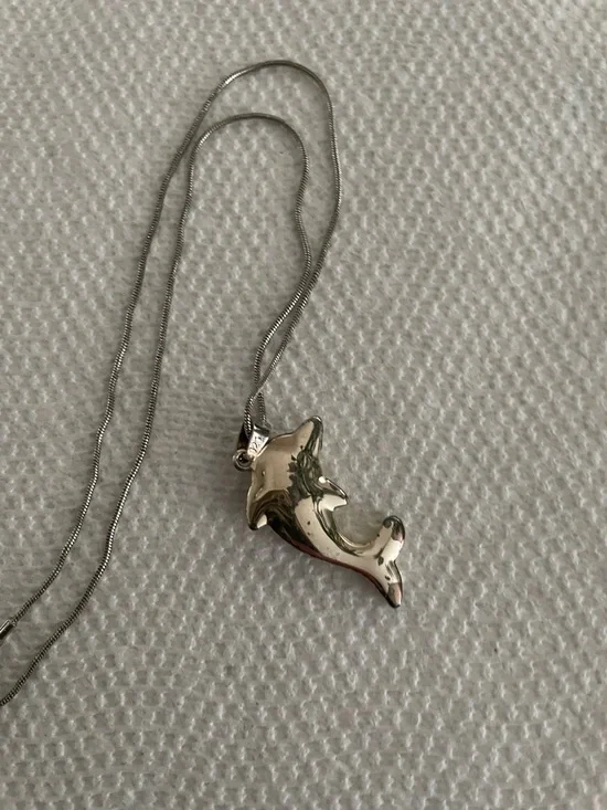 Silver Dolphin Pendant Necklace with Turquoise Inlay - Picture 3 of 5